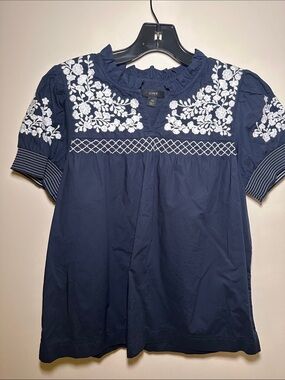 J. Crew Navy Boho Blouse with White Floral Embroidery